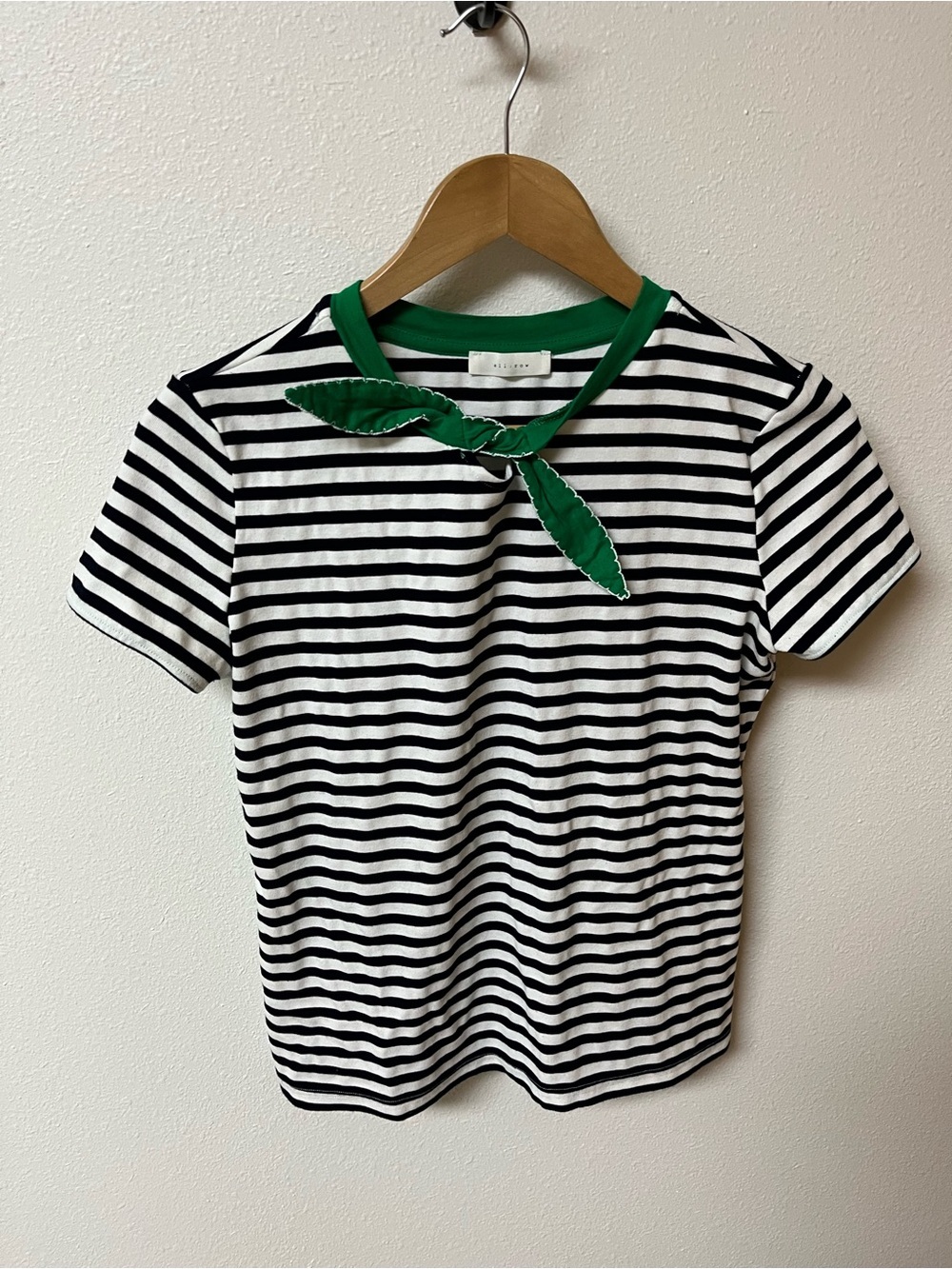 All:Row Striped Navy & White Tee with Green Trim neckline no tag fits women’s S